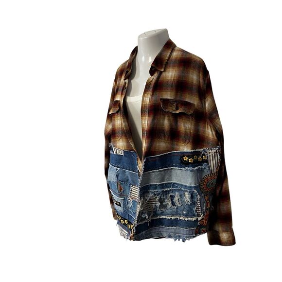 Upcycled Flannel Shirt Shacket Womens 3XL Mustang Grunge Patchwork Mechanic Cars - Picture 15 of 16